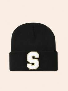 1pc Unisex Personalized Embroidered A-Z Letter Elastic Knit Beanie Hat, Fashionable Streetwear Knit Cap, Suitable For Autumn/Winter Daily Wear - Black - View 20