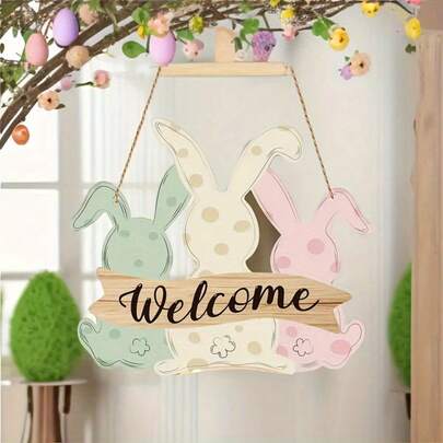 Charming Boho Easter Bunny Welcome Sign - Rustic Wooden Door Hanger With Colorful Polka Dot Rabbit Design, Soft Spring Home Decor, Suitable For Easter, Battery-Free, Perfect Gift, Easter Door Decor | Boho Style Decoration | Country Craft, Rabbit Accessory