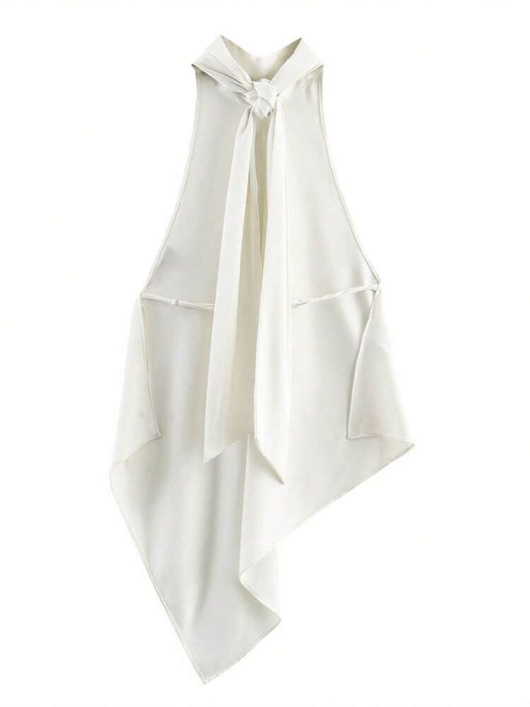 Women Y2k Satin Halter Neck Tops Open Back Silk Tank Top Asymmetrical Cami Going Out Tops Pink/Black/White Elegant Camisole Tops Summer Party Club Streetwear Rave Outfit Concert Outfit - 白色 - 查看 4
