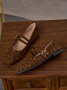 女士时尚方头豹纹玛丽珍芭蕾舞鞋，适合日常通勤、办公、派对、约会等场合，休闲百搭的平底鞋，双绑带设计 - 豹紋 - 查看 3