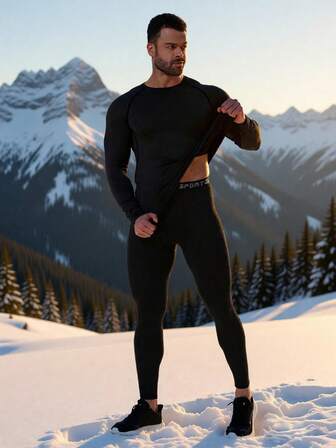 冬季健身户外运动徒步狩猎滑雪保暖内衣套装，保暖底层压缩健身服，长袖运动 T 恤，运动裤，跑步篮球骑行男士健身压缩紧身裤，速干弹性健身服