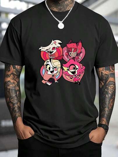 Personajes caricaturescos con expresiones alegres que transmiten diversión y energía en tonos vibrantes Camiseta de hombre 100% algodón suave y resistente