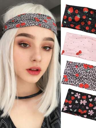 1 pieza Diadema bohemia de poliéster con estampado tropical, diadema elástica dulce en negro y rosa para accesorios de cabello en primavera, verano, otoño e invierno, regalo de accesorios para el Día de San Valentín