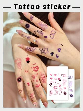 一套粉紫色甜心、星星、爱情元素迷你临时纹身贴纸，女士适用，防水防汗，可水洗