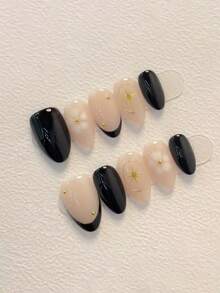 10pcs Pure Handmade Press On Nails Short Nails Almond Nails Black And Gold Nails Sweet And Edgy Dark Style, Black French Tip, Hand-Painted Gilded Small Flowers And Starburst Patterns, Simple And Exquisite Press-On Nails For Women And Girl,Spring Summer Fall Winter Festivals Party And Dailys Life Use