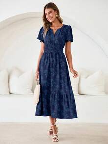 Womens Summer Boho Maxi Dress Semi Formal Wedding Guest Short Sleeve V Neck Empire Waist Floral Long Dresses - 藏蓝色 - 查看 4