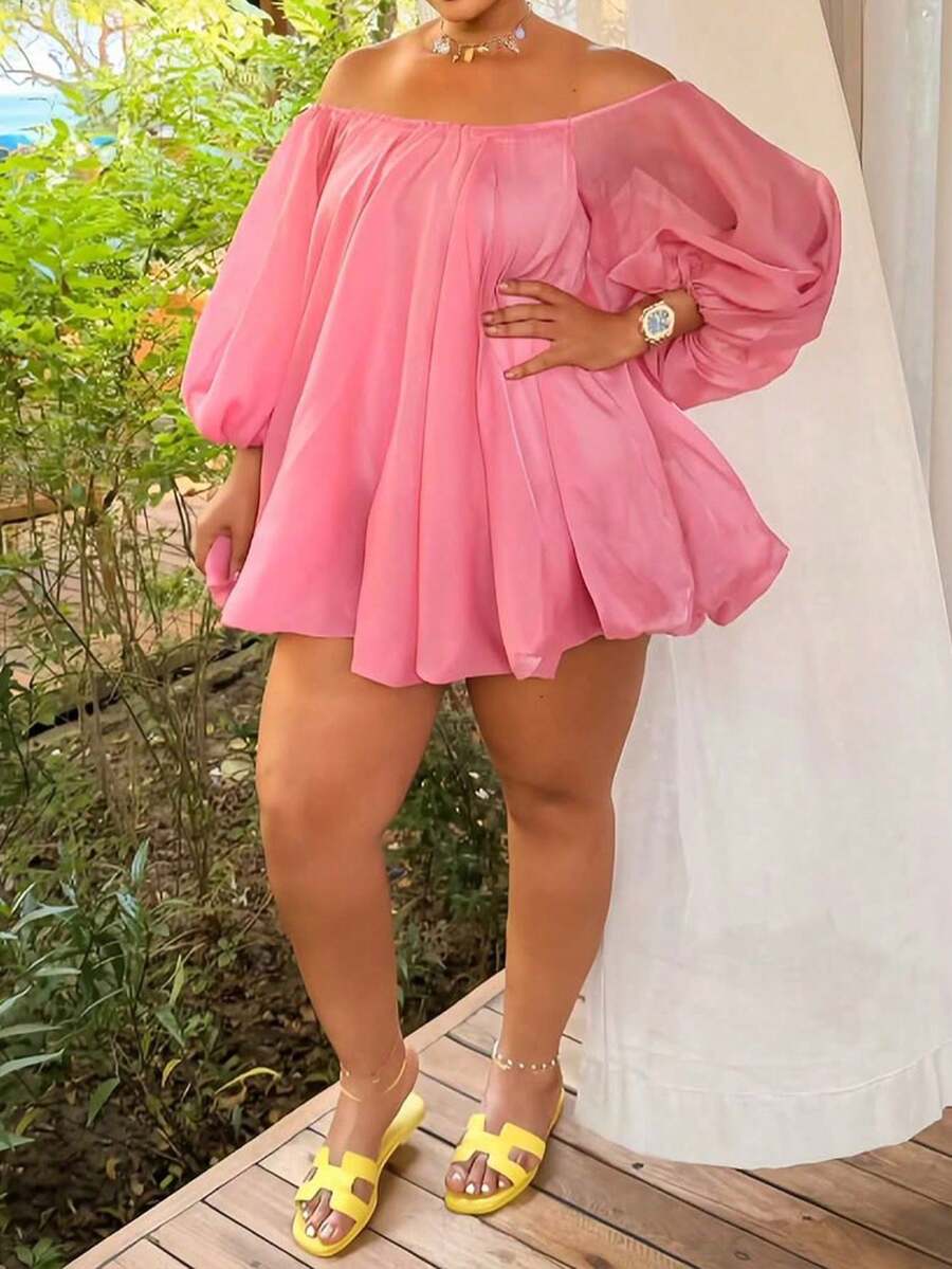GLOURI Women's Pink Off-The-Shoulder Mini Dress - Puff Sleeve & Flared Silhouette Detail | Playful Chic Style For Beach Vacations, Afternoon Brunch, BFF Gatherings, Casual Dates, Resort Outings & Weekend Getaways For Vibrant Cheerful Looks - 亮粉紅色 - 查看 1