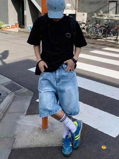 直筒宽松牛仔短裤，棉质中长短裤，Y2K 宽松阔腿牛仔裤，百搭时尚单品，街头服饰和休闲服饰