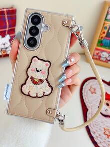 1pc Lightweight Padded Jacket, Khaki Color, Cartoon Embroidery, Handheld Style, Butterfly Collar, Plush, Cute, Thin, Portable, Shock-Resistant, Anti-Slip, Smart Phone Case, Foldable Phone Case Compatible With Galaxy Z Fold 7, Galaxy Z Fold 6, Galaxy Z Fold 5, Galaxy Z Flip7, Galaxy Z Flip7 FE, Galaxy Z Flip6, Galaxy Z Flip5 - Multicolor - View 9