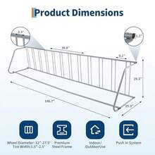 Portabicicletas de suelo de un solo lado para 12 bicicletas, 375 cm de largo, independiente, con diseño de rejilla para garajes, calles, patios y eventos ciclistas. Almacenamiento resistente de 375 x 74 x 74 cm. - Gris - Ver 2