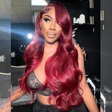 99J 酒红色蕾丝前假发，200% 密度混纺红酒色假发，28 英寸酒红色假发，13x4 高清水波纹蕾丝前假发，混纺假发，预拔毛无胶前额混纺假发，真人混纺发，女士款 - SBUG - 查看 3