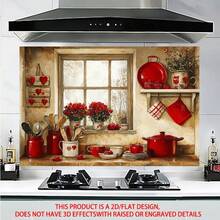 1pc Red Heart Theme Kitchen Wall Sticker - 2D Flat PVC Decal, Rustic Kitchenware Design With Hearts, Pots And Utensils, Easy To Apply For Kitchen And Dining Room Decor, Cozy Home Accent - Multicolor - View 2