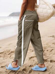 Women's Y2K Track Pants Contrast Color Wide Leg Drawstring Elastic Waist Casual Workout - Màu Khaki - Xem 6