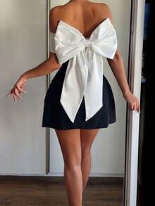 Onicee 夏季连衣裙，黑色蝴蝶结露肩撞色派对连衣裙，优雅连衣裙，适合情人节、约会、聚会、派对、旅行、度假等场合。 - 黑色 - 查看 7