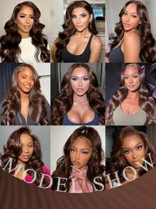 13x6 波浪卷发蕾丝前额棕色假发，真人混纺发丝，预先拔毛，高清透明蕾丝前额假发，200%密度，无胶假发，带婴儿发，女士款，26英寸假发 - 棕色 - 查看 9