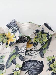 Tropical Vacation Style Mint Green & Yellow Floral 2 Pieces Set - Long Sleeve Cuffed Button-Up Blouse And High-Waisted Wide-Leg Pants, Lightweight Flowing Fabric, Suitable For Summer Vacation Spring Elegant - Olive Green - View 5