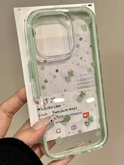 1pc Soft Solid Color Perforated Phone Case, 2D Lucky Four-Leaf Clover Print Mint Green Bumper & Transparent Back Cover Protective Case, Compatible With IPhone 11/12/13/14/15/16/16 Pro Max/12 Pro/13 Pro/14 Pro/15 Pro/16 Pro/14 Plus/15 Plus/16 Plus/12 Pro Max/13 Pro Max/14 Pro Max/15 Pro Max/16 Pro Max, Floral Design Compatible With IPhone 17/17 Pro/17 Pro Max/Air Latest Apple Phones