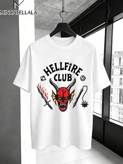 Hellfire Club Demon Graphic White,Men's T-Shirts, Menswear, Printed T-Shirts, Gifts For Men, Holiday Clothing, Casual Home Wear, Fashion, Unisex