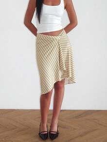 Women Y2k Striped Midi Wrap Skirt Casual Elegant Solid/Stripe/Plaid Print Asymmetrical Low Waist Flowy Long Skirt Beach Vacation A-Line Skirts Streetwear - Màu vàng - Xem 3