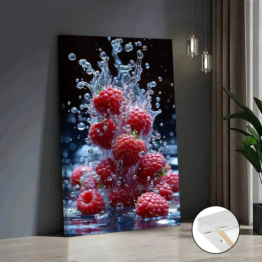 Vibrant Raspberries With Splashing Water Canvas Art - 2D Flat Painting, Solid Wood Frame, Modern Wall Decor For Living Room, Kitchen, Or Dining Area, Kitchen Artwork | Dynamic Composition | Highquality Print, Raspberries Kitchen Decor - 西瓜粉 - 查看 1