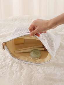 حقيبة مكياج من الكوردروي بنمط الفيونكة، حقيبة مكياج خفيفة الوزن مزودة بسحاب، حقيبة تخزين مستحضرات التجميل المحايدة، منظم مكياج، حقيبة غسيل، حقيبة سفر للمستحضرات - متعدد الألوان - مشاهدة 4