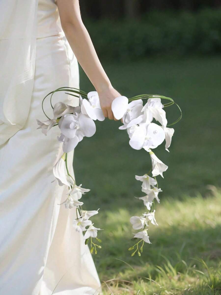 1pc Bohemian Style Elegant Simple & Generous Orchid Waterfall Bridal Bouquet, Engagement Registration Photography Handheld Flower Bouquet, Suitable For Wedding And Studio Photography