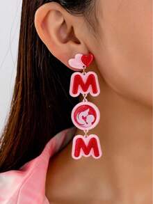 1 par de pendientes colgantes con letras y retratos de corazón acrílicos de moda, lindos pendientes largos como regalo para el Día de la Madre - Multicolor - Ver 1