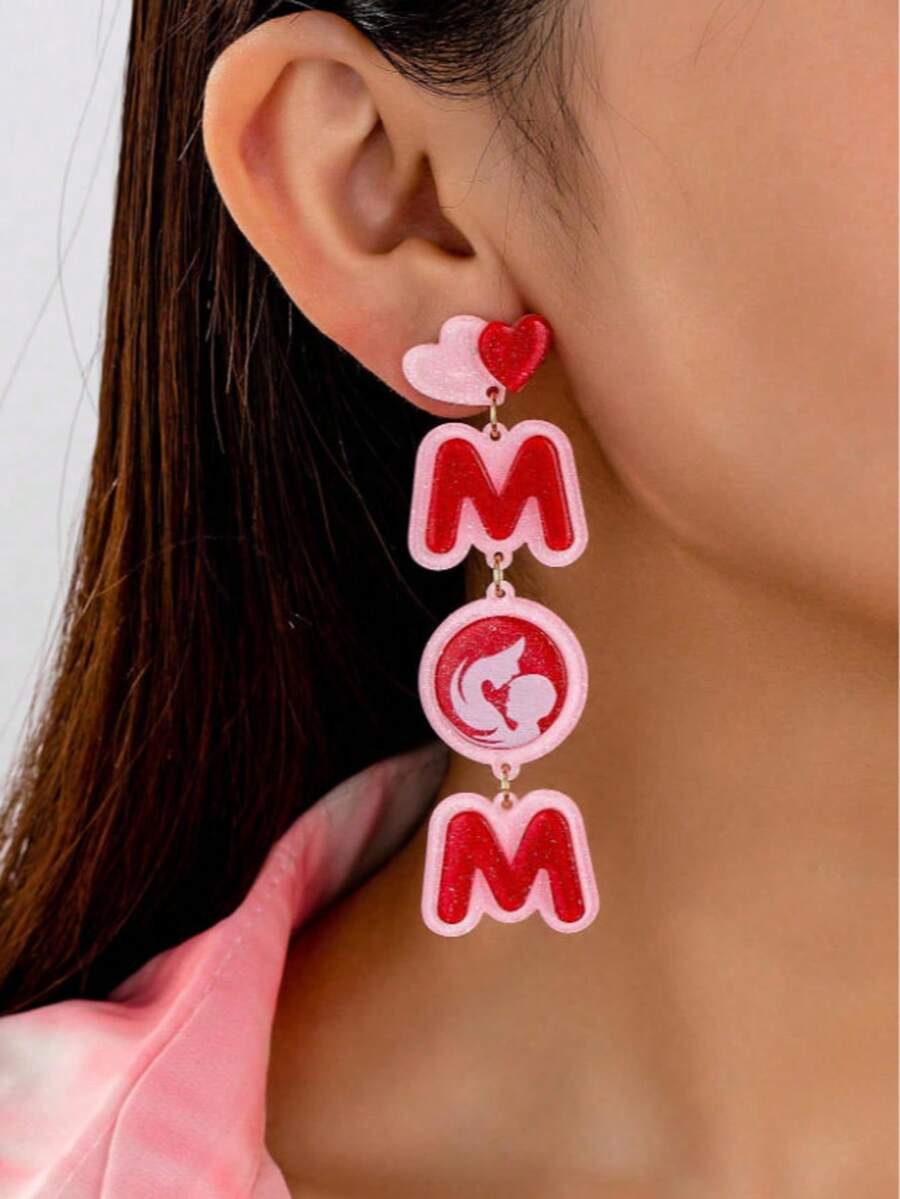 1 par de pendientes colgantes con letras y retratos de corazón acrílicos de moda, lindos pendientes largos como regalo para el Día de la Madre - Multicolor - Ver 1