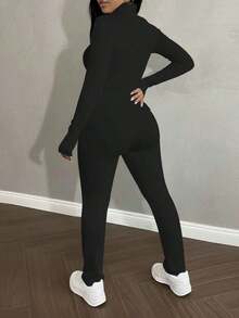 2pcs Women's Fashionable Fitted Solid Color Top With Zipper And Pants Set, Spring/Autumn - màu đen - Xem 5