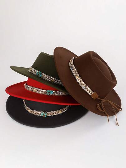 1pc Bohemian Style Polyester Dome Flat-Brimmed Hat, Versatile Fashion Accessory For Daily Wear, Unisex