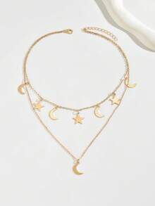 1pc New Creative Middle Eastern Star & Moon Minimalist Double Layer Pendant Necklace, Elegant Choker