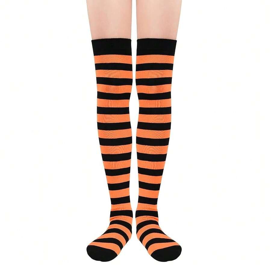 Zando Womens Thigh High Socks Striped High Knee Socks Knee High Socks For Cosplay Long Socks Over The Knee Leg Warmers,OneSize,ABlack&OrangeStripes - 黑橙條紋 - 查看 1