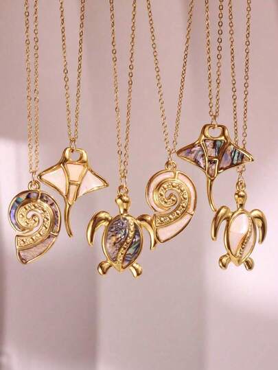 1 pieza Collar colgante de tortuga marina, caracol y diablo de mar blanco natural, vintage y elegante, joyería DIY para mujer, joyería de vida marina de verano