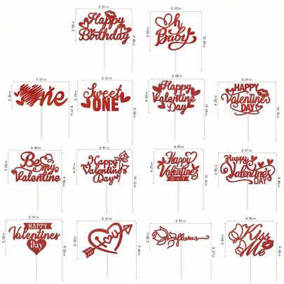 14pcs Valentine's Day Cake Decorations, Glitter Gold Sequin Paper Cake Toppers For Wedding Anniversary Party Dessert Decor