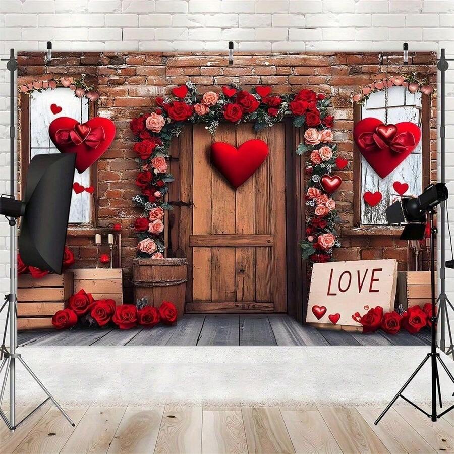 1 pièce Bannière de fond pour la Saint-Valentin, design de roses et de cœurs, en tissu de polyester, convient pour les fêtes, le jardin, les célébrations, les mariages, la déclaration d'amour et la décoration de fond photo - Multicolore - Voir 1