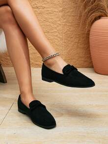 Giày lười nữ màu đen thanh lịch, chất liệu giả da lộn, mũi vuông, có nơ trang trí, phù hợp cho mọi mùa. - màu đen - Xem 2