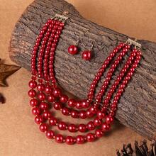 Överdrivet flerskiktat hänge handgjort pärlhalsband med fuskpärlor, retro boho-stil avslappnad tröjkedja, örhängen