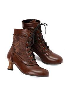 Women Victorian Boots Vintage Lace-Up Kitten Heel Ankle Boots Goth Elegant Party Cosplay Dress Shoes Vampire Outfit - 棕色 - 查看 4