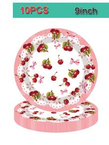 10pcs Cherry Party Plate Disposable Cutlery Set Red Paper Plate Suitable For 10 Guests Children's Party Picnic Wedding Tea Party Tableware (Includes Plates, Mugs And Napkins) - Multicolor - View 6
