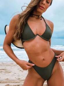 Women's Bikini With V-Neck And High-Cut Leg, Beachwear. - 墨綠色 - 查看 2