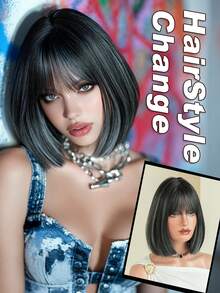 AKAKO 高光灰黑色波波头假发，10英寸短直发，带刘海，耐热纤维，柔软合成全机织发，色彩缤纷，适合日常派对、节日、音乐节角色扮演等场合，打造前卫的Y2K和哥特街头风格。 - 挑染灰色 - 查看 2