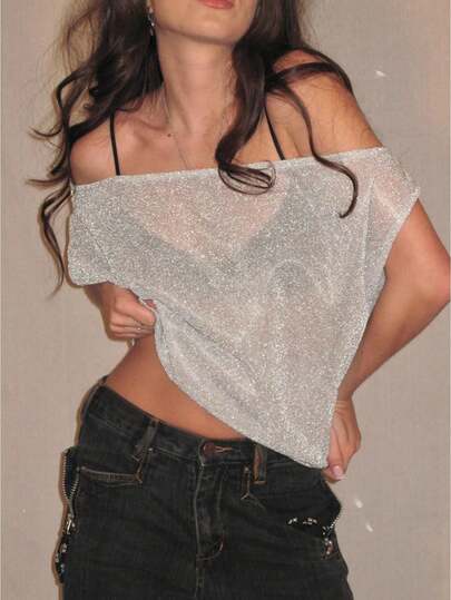 Women's Sparkly Off The Shoulder Tops Sheer Glitter See Through Stylish Solid Casual Short Sleeve Tops For Summer Spring