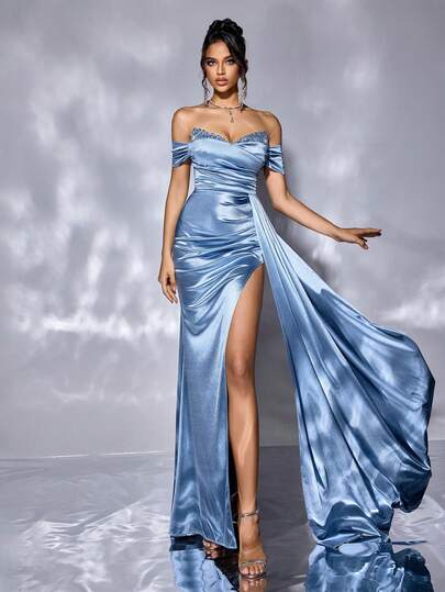 1 chiếc đầm dự tiệc Ngày Valentine cho nữ, đầm dài đính sequin, phối màu, có đệm ngực, xẻ tà, thích hợp cho đám cưới hoặc kỳ nghỉ.