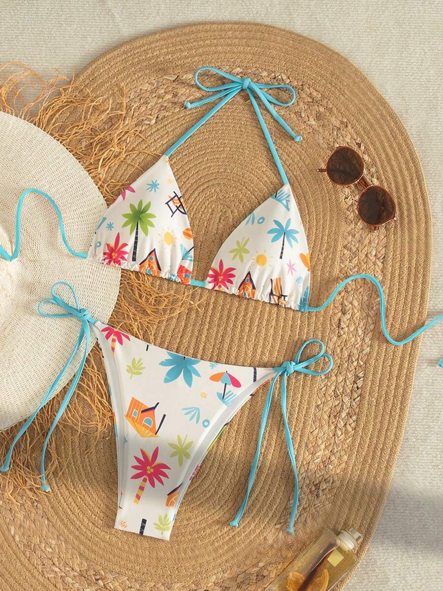 Bộ bikini buộc dây hở lưng cho nữ với quần lọt khe co giãn cao in họa tiết nhiệt đới Boho dễ thương, hoàn hảo cho những ngày hè trên bãi biển - trắng - Xem 1