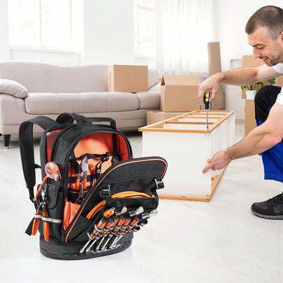 Tool Backpack, 64 Pockets, Heavy-Duty Tools Storage Organizer Work Bags With Laptop Compartment & Molded Base, Electrician Jobsite Backpack For Electrician, Repairman, And HVAC Techs