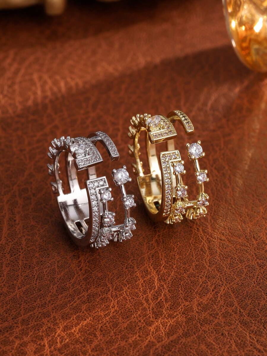 rakol Cincin Terbuka Wanita Bintang Berlapis-lapis Elegan dengan Hiasan Zirkonia Kubik, Cocok untuk Pengantin dan Pernikahan - cincin - View 1