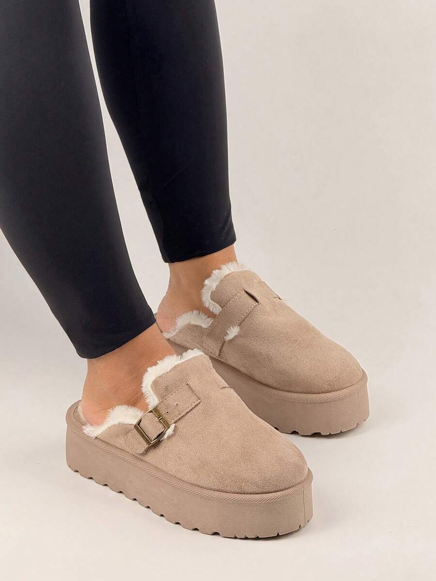 Women's Thick Sole Closed Toe Slippers With Retro Buckle, Warm Thermal Lined Mule Shoes For Winter - Khaki - View 1