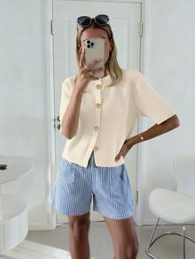 Women's Fashionable French Soft Wax-Feeling Loose Knit Cardigan, Women's Loose Short Knit Sweater Top, Spring/Summer - Apricot - View 3