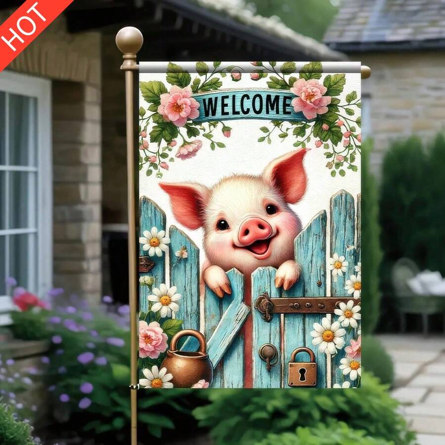 Spring Summer Garden Flag 12x18 Double Sided Outdoor, Cute Pig Farm Animal Theme Seasonal Yard Banner Farmhouse Decor Welcome Hello Sign For Porch Patio Holiday Decoration Without Flagpole - 彩色 - 查看 1