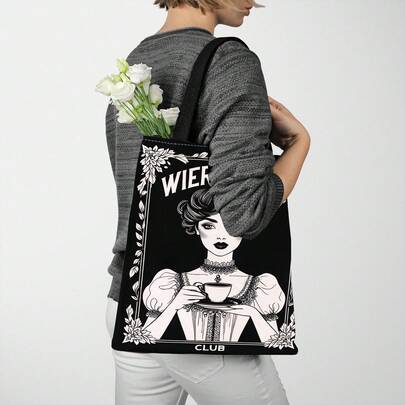 Vintage Gothic" STRANGE GIRLS" Double-Sided Print Tote Bag, Coffee Theme College Style Portable Canvas Storage Bag, Casual Travel Beach Bag, Bohemian College Style Design Bag, Shopping Bag, Suitable For Home, Commuting, Vacation, School, And Gifting, 16 Inches * 14 Inches.